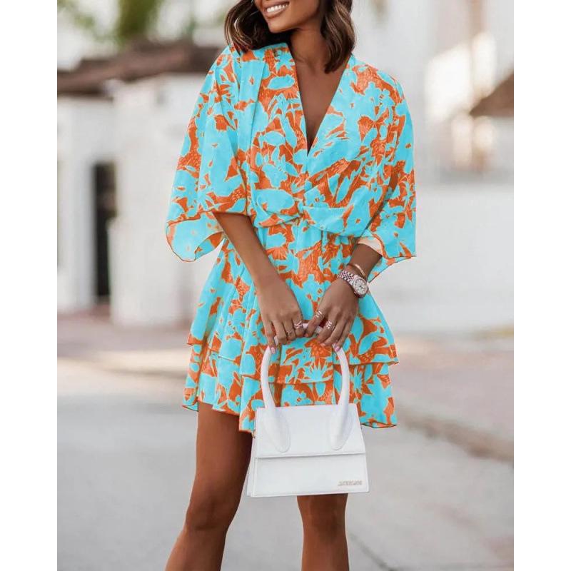 2025 Autumn V-Neck Loose Batwing Sleeve Printed Dress for Women