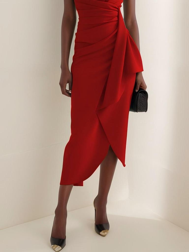 2026 Abito Formale Elegante con Collo a Mantella, Colore Unito, Manica Corta Pieghettata
