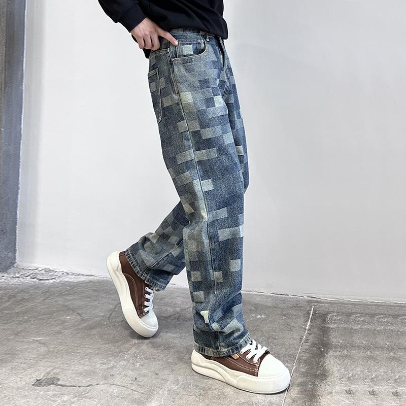 American high street jeans men's ins trendy checkerboard loose straight pants jacquard checkerboard casual trousers