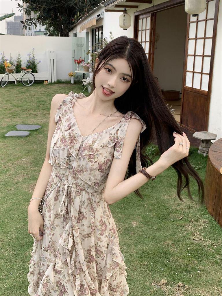 French Floral Ruffled Camisole Dress & Cardigan Set - Women's Slimming Summer Long Dress