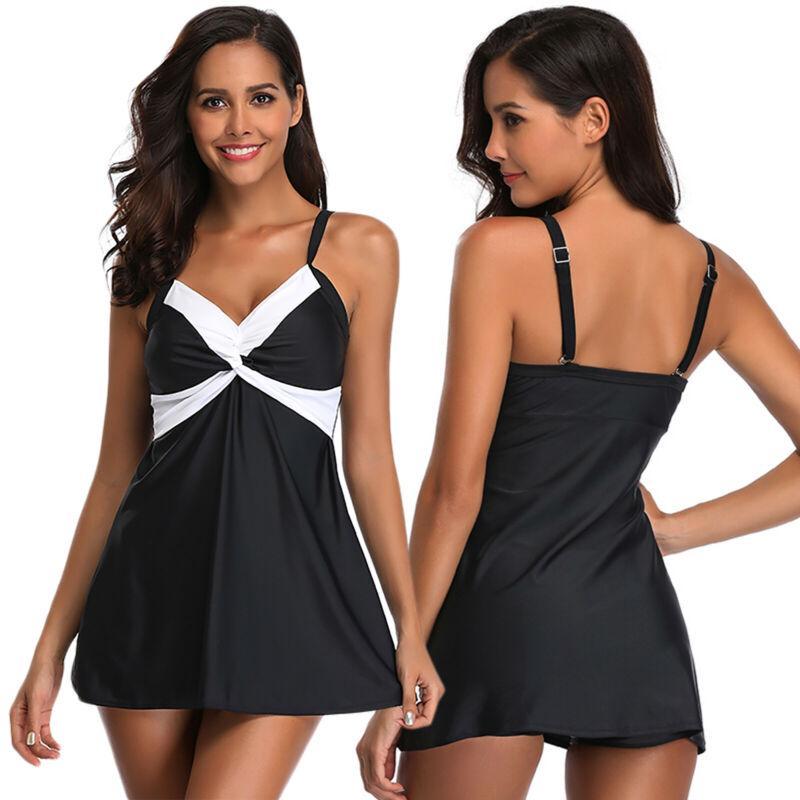 

2шт женщин плюс размер пэчворк купальники наборы слинг спинки купальник плавание мини-платье 4XL