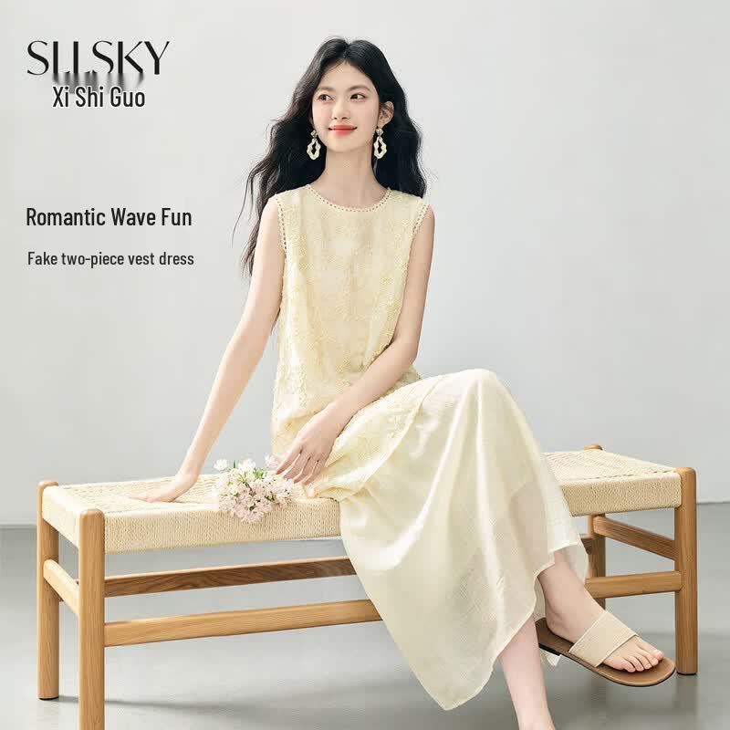 sllsky Bohemian Sleeveless Faux Two-piece Midi Dress XL