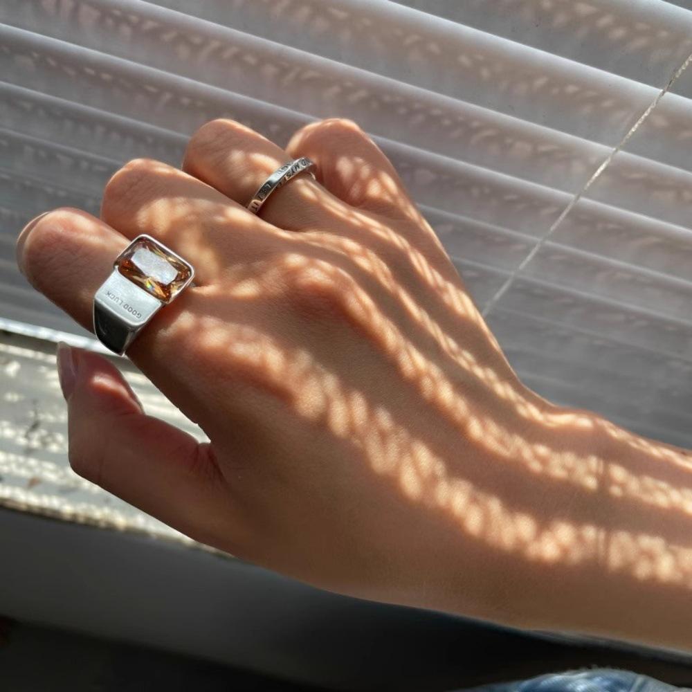 Fashion Letter Good Luck Letter Square Crystal Stainless Steel Opening Couple Rings for Women Men Luxury Charm Finger Jewelry