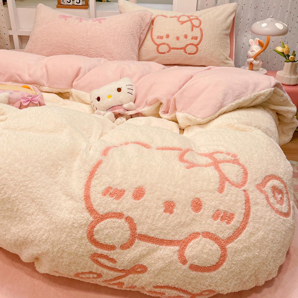 Verdicktes Milchfleece Bett Vier-Teile-Set Kinderbettwäsche Koralle Teddyfleece Studentenwohnheim Bettbezug Bettlaken Drei-Teile-Set