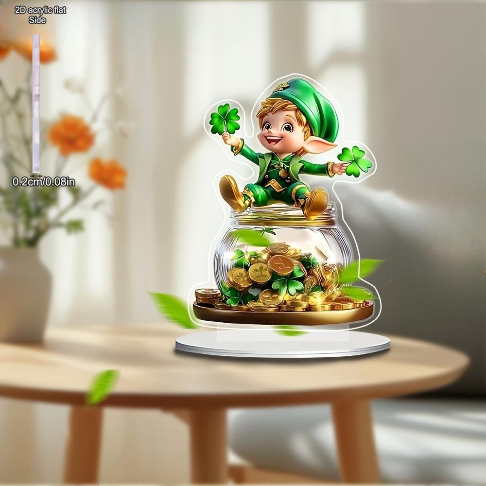 Acrylic Leprechaun Statue with Clover & Golden Pot - Bohemian Style Daytime Decoration - Light-Catching Base - Ideal for Home, Office, Living Room