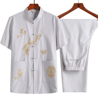 Middle-aged and Elderly Chinese Style Tang Suit Dad Summer Short-sleeved Suit Grandpa Summer Chinese Button-down Shirt and Pants Two-piece Set