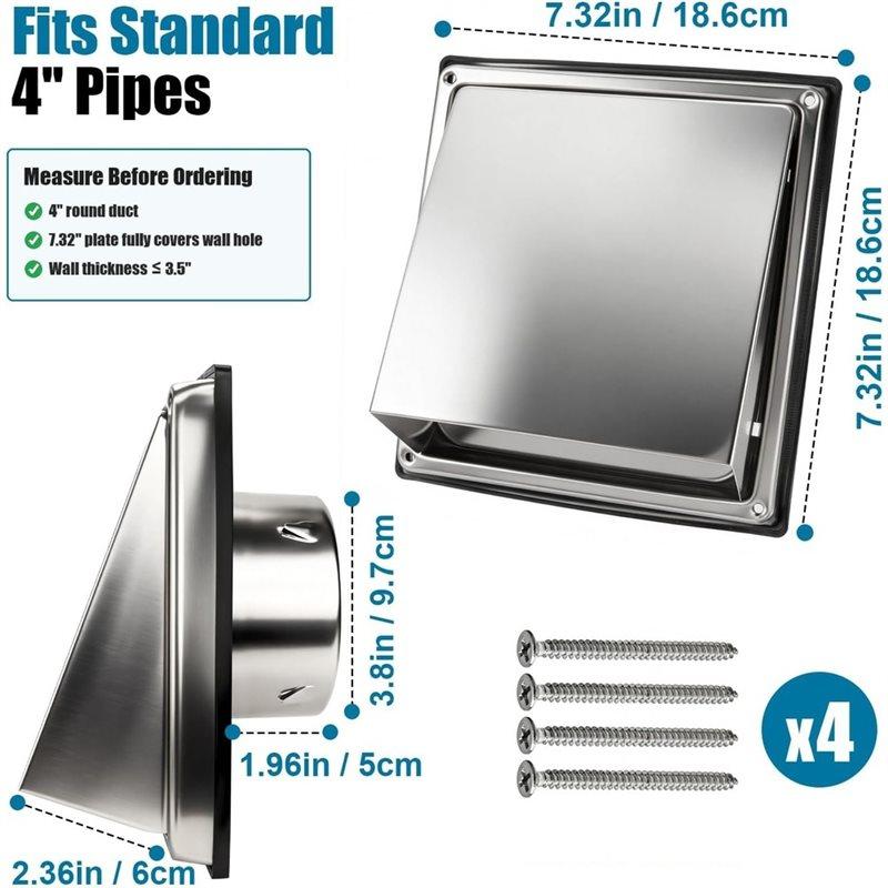 Versatile Stainless Steel Exterior Wall, 4 Inch For Dryer Vent Cover 45° Rain Shield In Silver- For Dryer Duct And RV