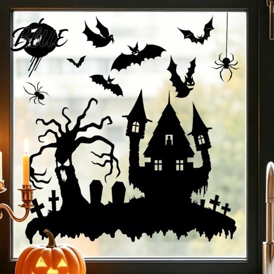 Removable Glass Clings Halloween Static Sticker with Witch/Ghost/Castle/Bat Horror Silhouette Patterns Durable PVC Spooky Shop Window Displays Wall