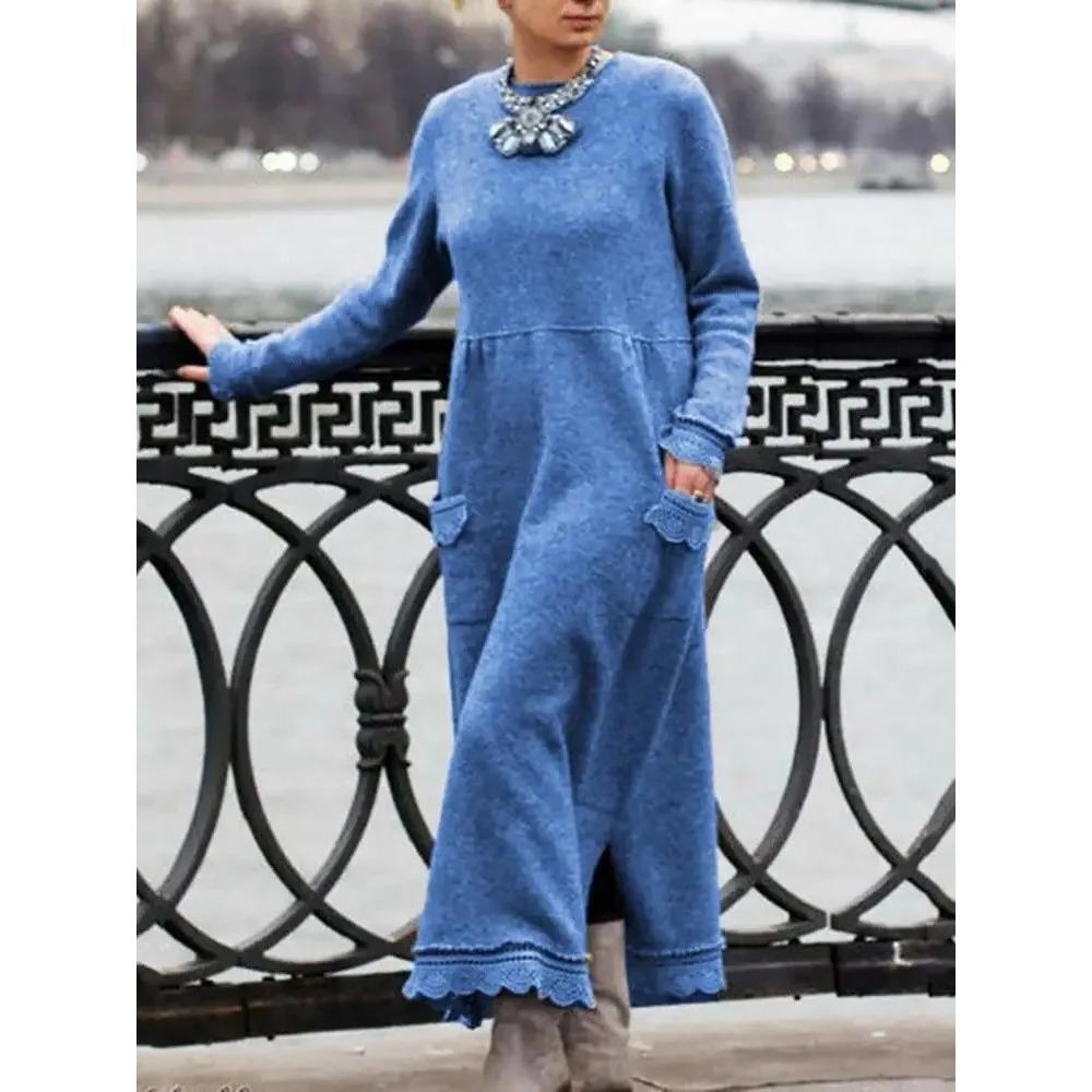 Noua fustă lungă lejeră de toamnă și iarnă, plus hanorac din catifea, rochie ocazională, rochie de vacanță, solidă, cu decolteu, cu mânecă lungă