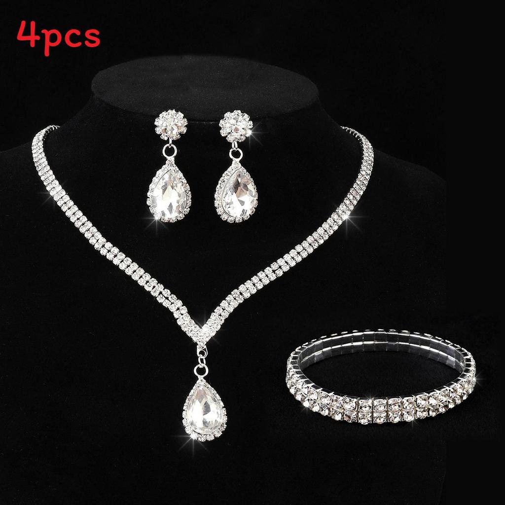 

Bridal Water Drip Necklace Earring Bracelet Set For Wedding Ceremony Silver