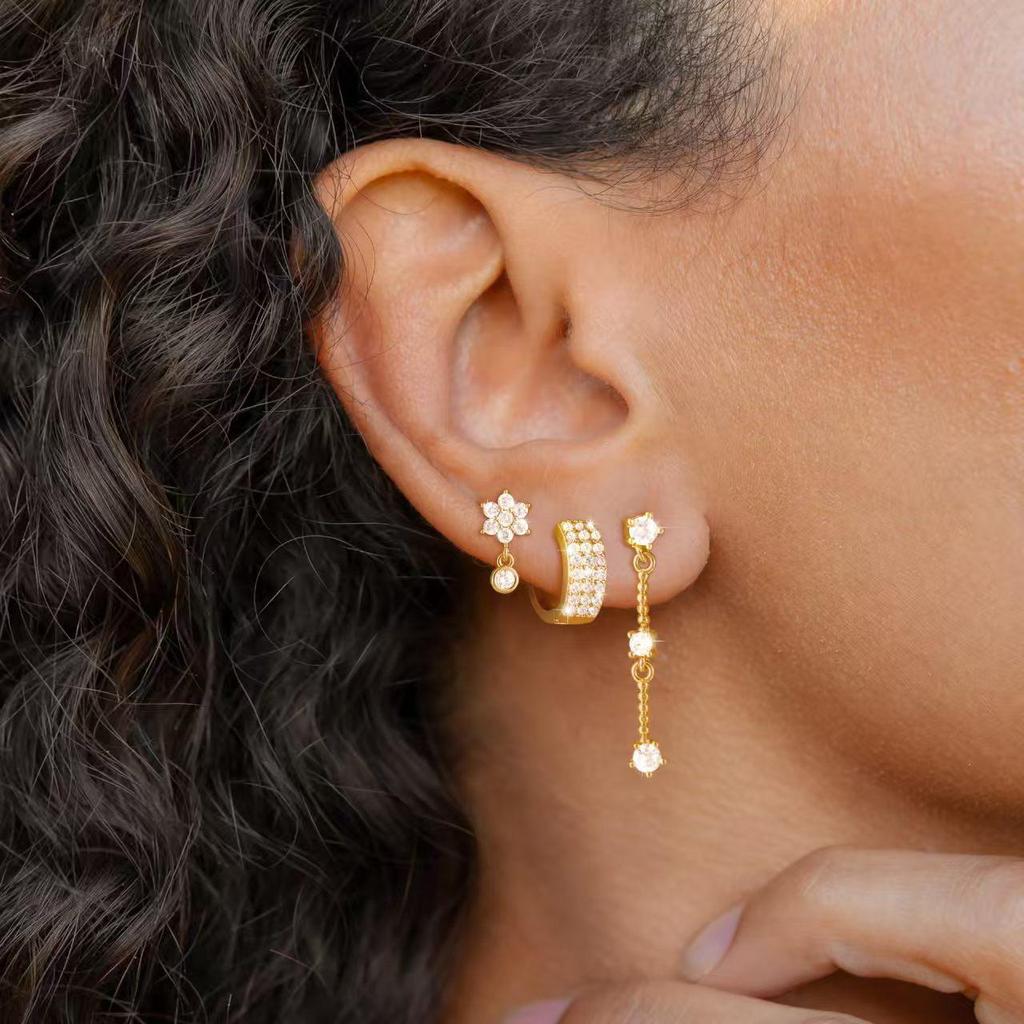 Gold-Plated Brass Tassel Earrings with Zircon Inlay - Three-Piece Set