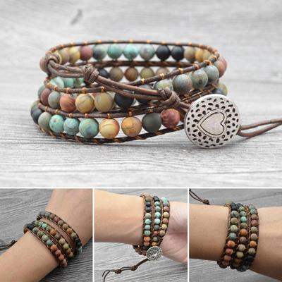 Milangirl Böhmischer Schmuck Armbänder 6MM Matt Stein Wickel Lederarmbänder Vintage 3 Stränge Mehrschichtig Gewebt