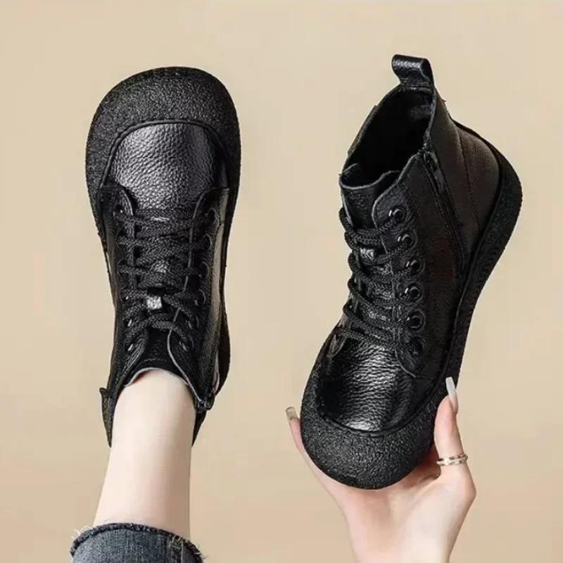 New Cow Leather Ankle Boots Women's Laced Up Waterproof Shoes Ladies Wide Fit Short Boots Woman Oxfors Shoes Brown Booties