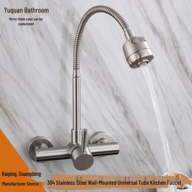 

Stainless Steel Wall-Mounted Hot/Cold Double Hole Kitchen Faucet with Rotating Hose Sprayer & Vegetable Sink.
