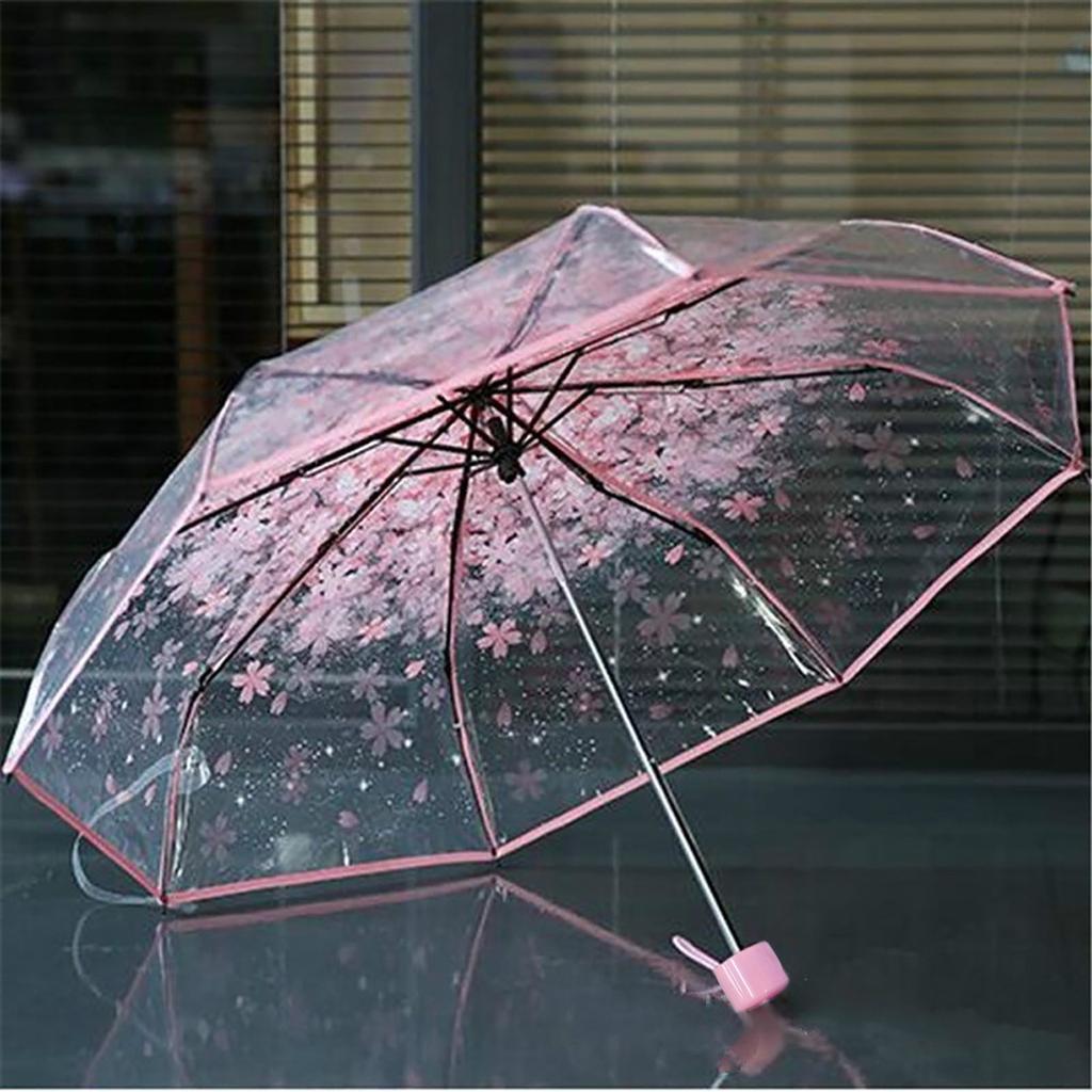 Clear Umbrella with Blue Floral Pattern, Windproof and Compact Design, Automatic Open and Close, Lightweight for Travel