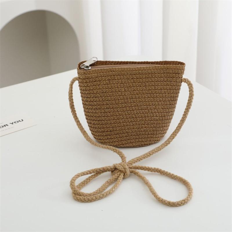 Summer Solid Color Straw Bag Shoulder Messenger Round Bag Children Versatile Outing Beach Bag Light Board DIY Round Weaving