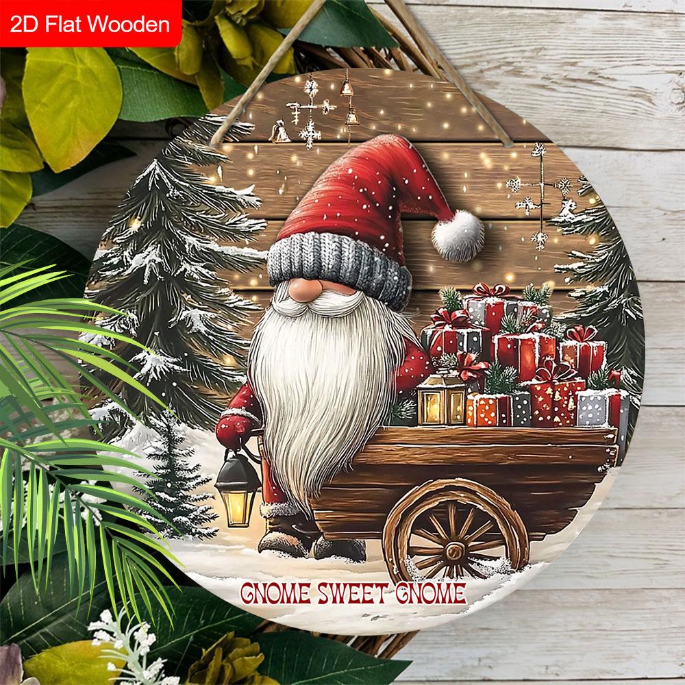 Warm Winter Christmas Wooden Sign with Sweet Gnome Pattern - Navidad Plaque for Front Door, Wall Hanging Decor - Ideal Christmas Decoration