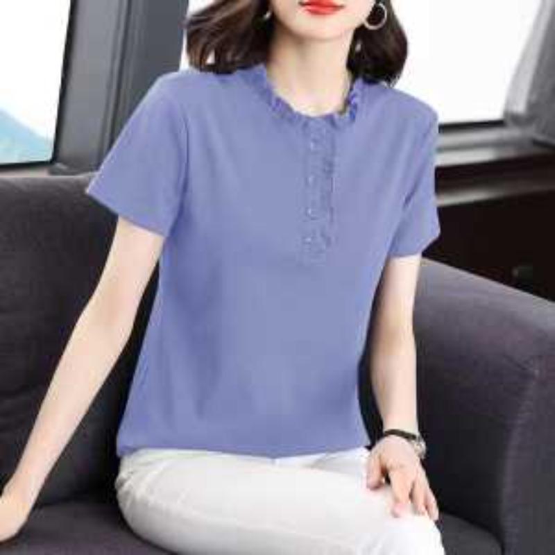 Women's Navy Blue Ruffled Collar Blouse Short Sleeve Button-Down Casual Top