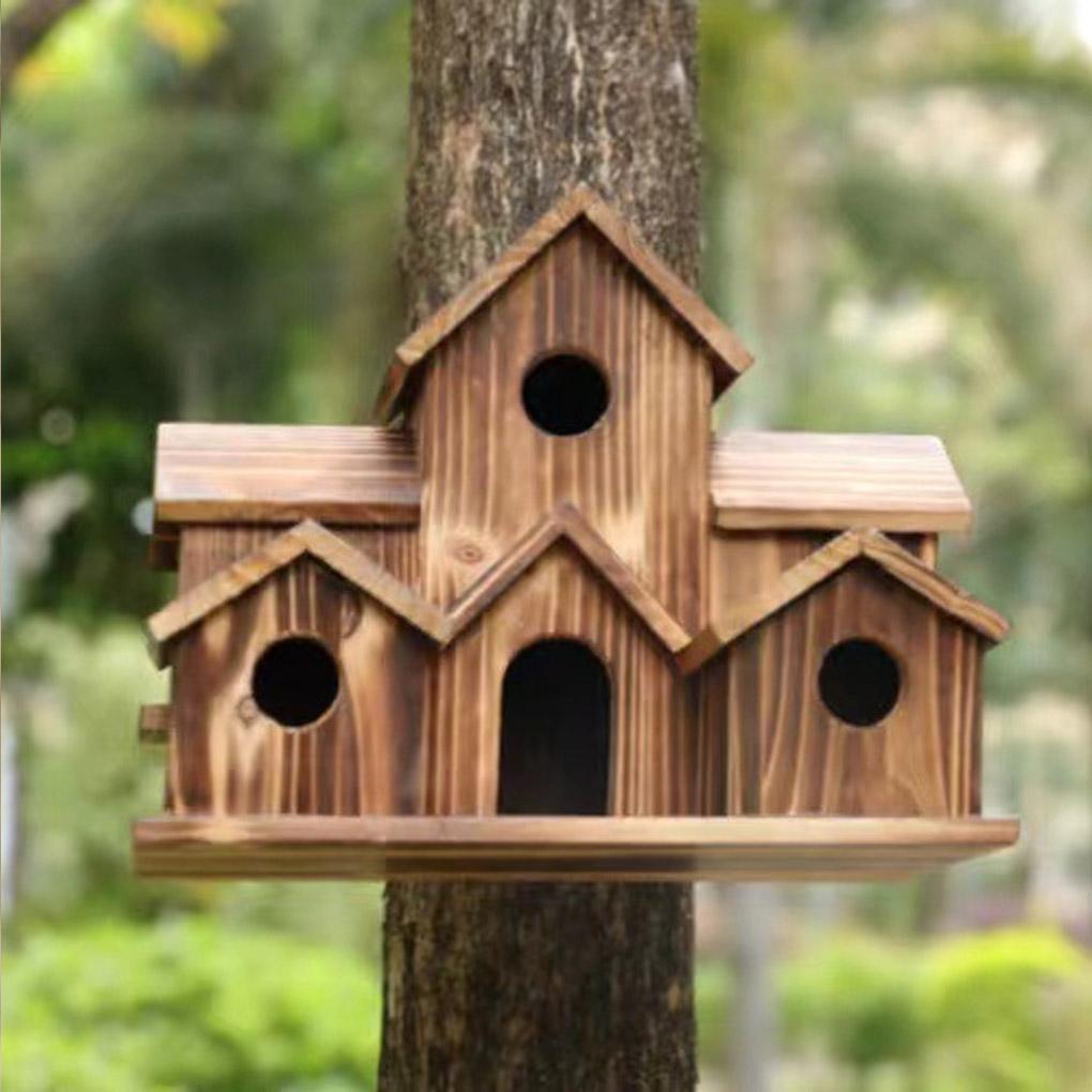 5 Hole Bird Houses Outdoor for 5 Bird Families Bluebird Finch Cardinals Natural Wood Hanging Birdhouse Garden Decoration