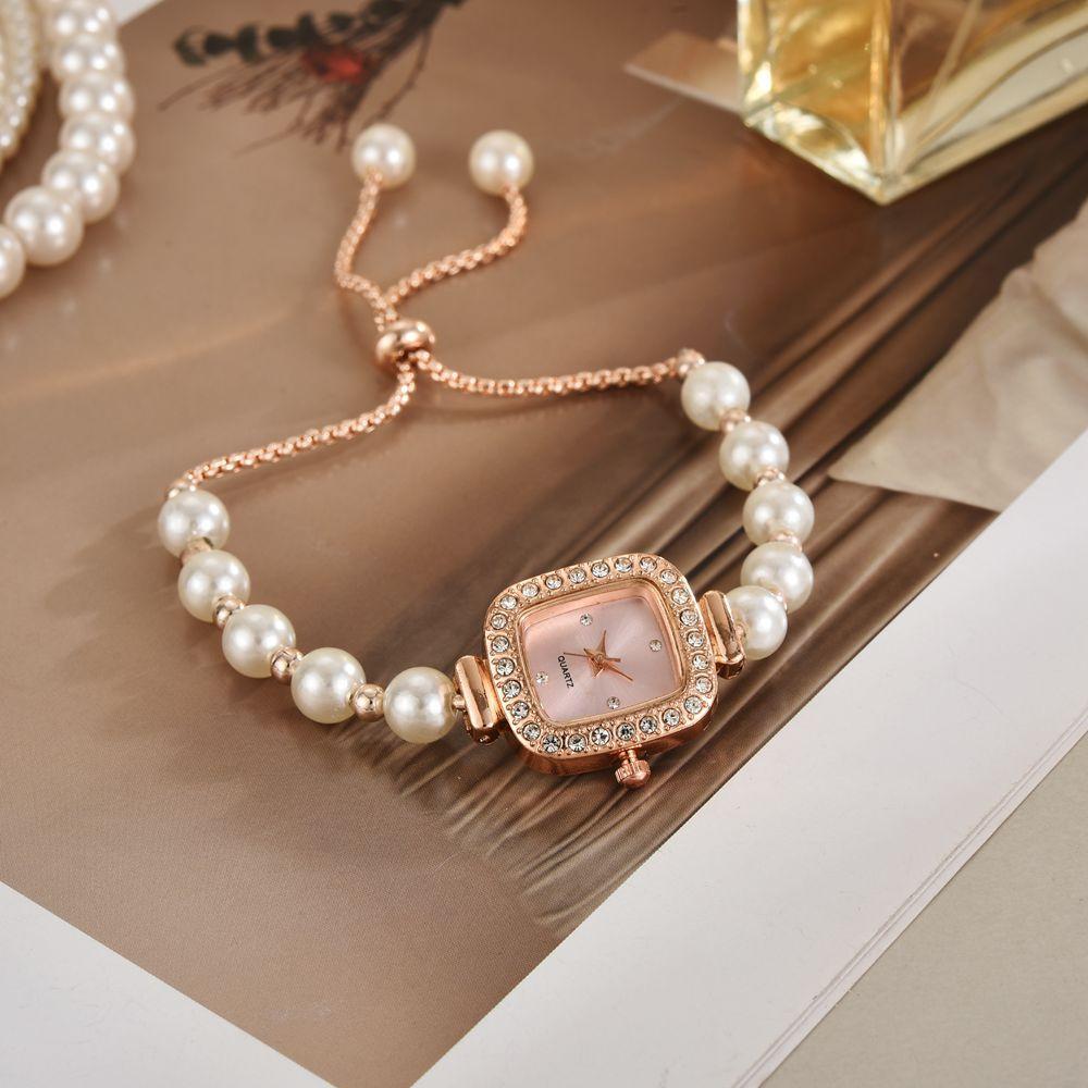 Ceas de Dama Fashion cu Curea de Perle, Diamante, Cadran Pătrat, Brățară cu Ajustare Liberă, Cadou pentru Femei, Ceas Quartz