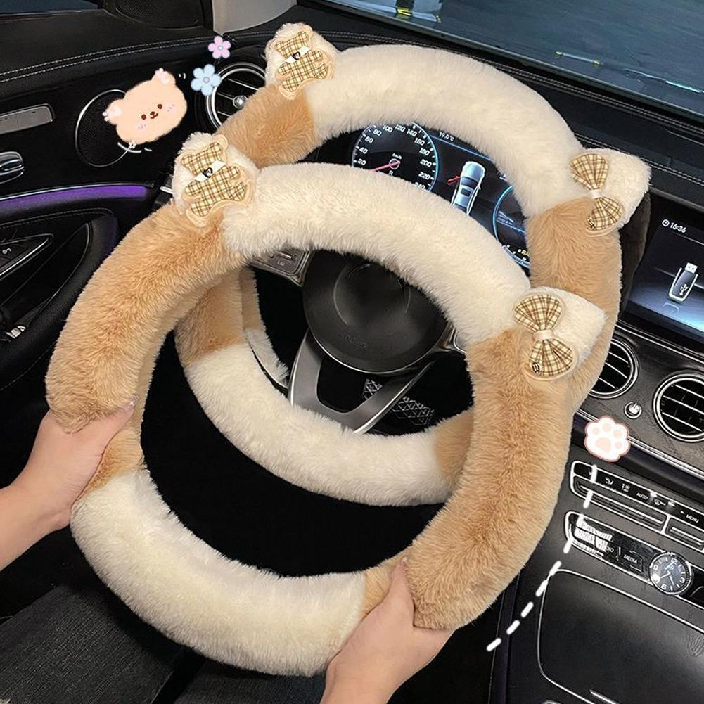 Universelle Lenkradabdeckung für Autos Kleiner Bär Styling Dekor Lenkrad Elastische Abdeckungen für Männer Frauen Winter Plüsch Warm I6Z1