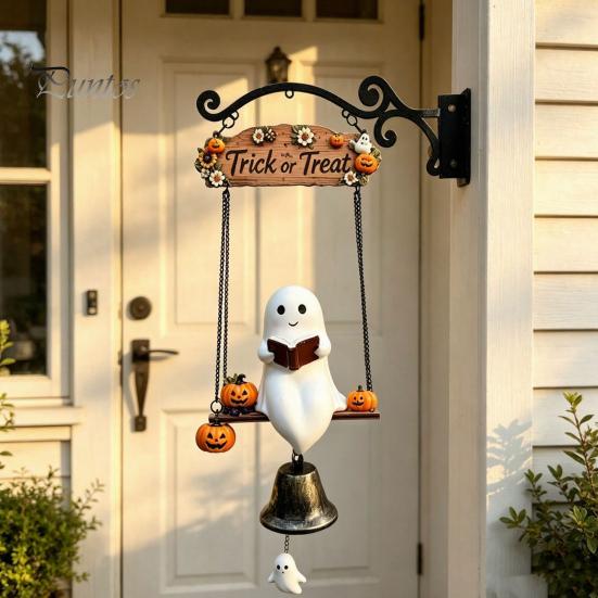 Decorative Resin Craft Ornament Halloween Swing Ghost Doorbell, with Pumpkins Decor, Gothic Style Trick Wall Art or Treat Sign, for Farmhouse
