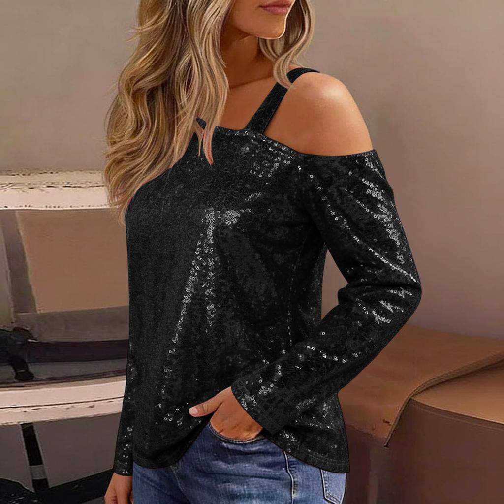 Damenmode Farbe Schräger Schultergurt Langarm Glitzer Kapuzen-T-Shirt Top