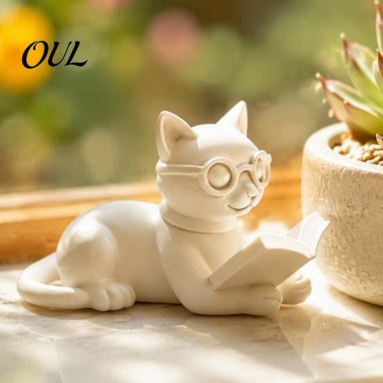 Cat Reading Book Figurine 3D Printed Figurine, Decorative Statue with Eyeglasses, Childlike Room Decoration Creative Animal Desktop Ornament for Home