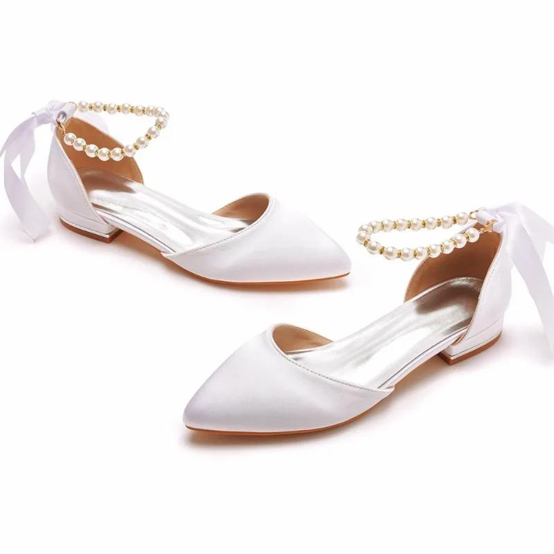 Quality Women Sandals Female String Bead Silk 2CM Square Heel Buckle Strap Ribbon Bohemian Sweet Bride Women's Dress Shoes White