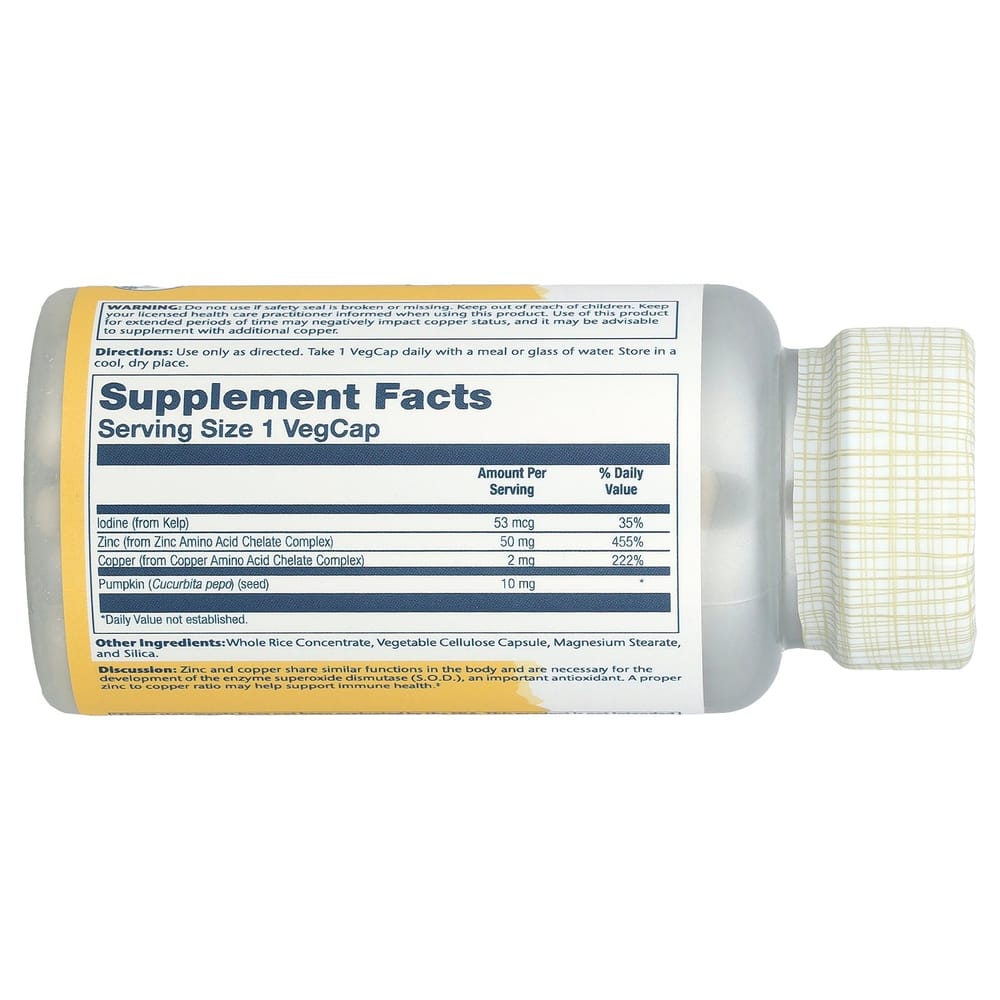 Solaray Zinc Copper with Seaweed & Pumpkin Seed Veggie Capsules, 100 Count