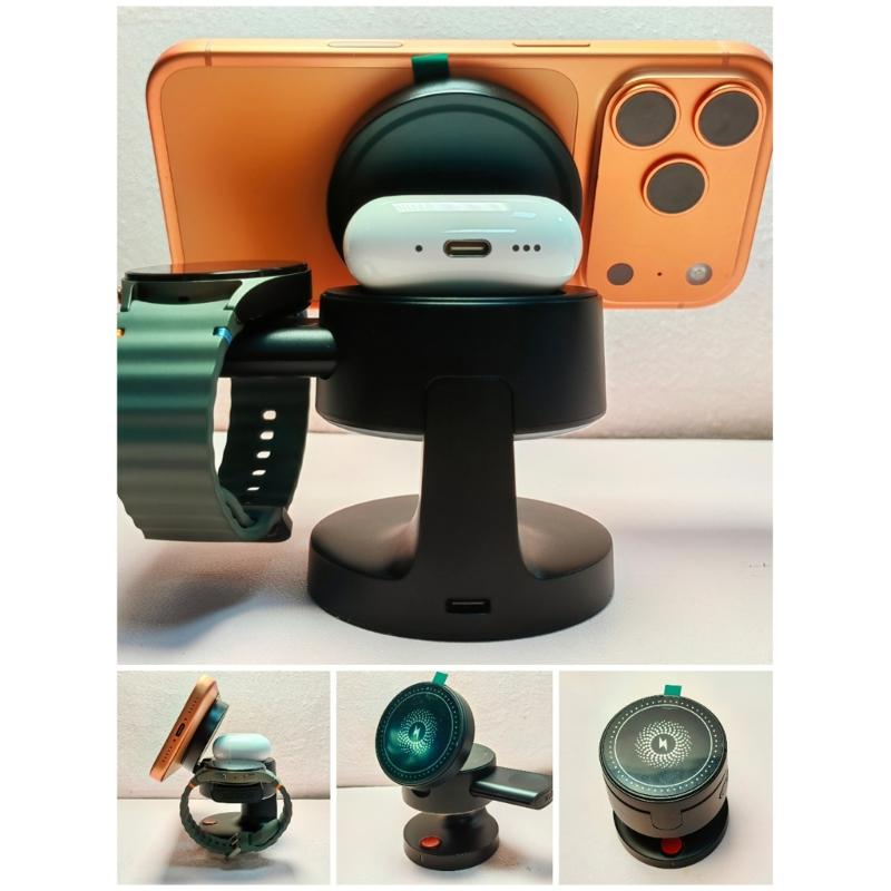 Portable Foldable Bedside Magnetic Wireless Charging Station Including Night Light and Stand for Smartphones Smartwatches Earbud