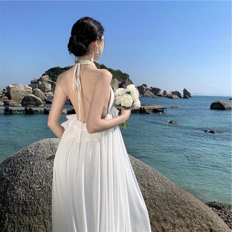 White High-end Three-dimensional Deep V Neck Ruffle Edge Bridal Morning Robe Banquet Dress Vacation Dress Chiffon Other