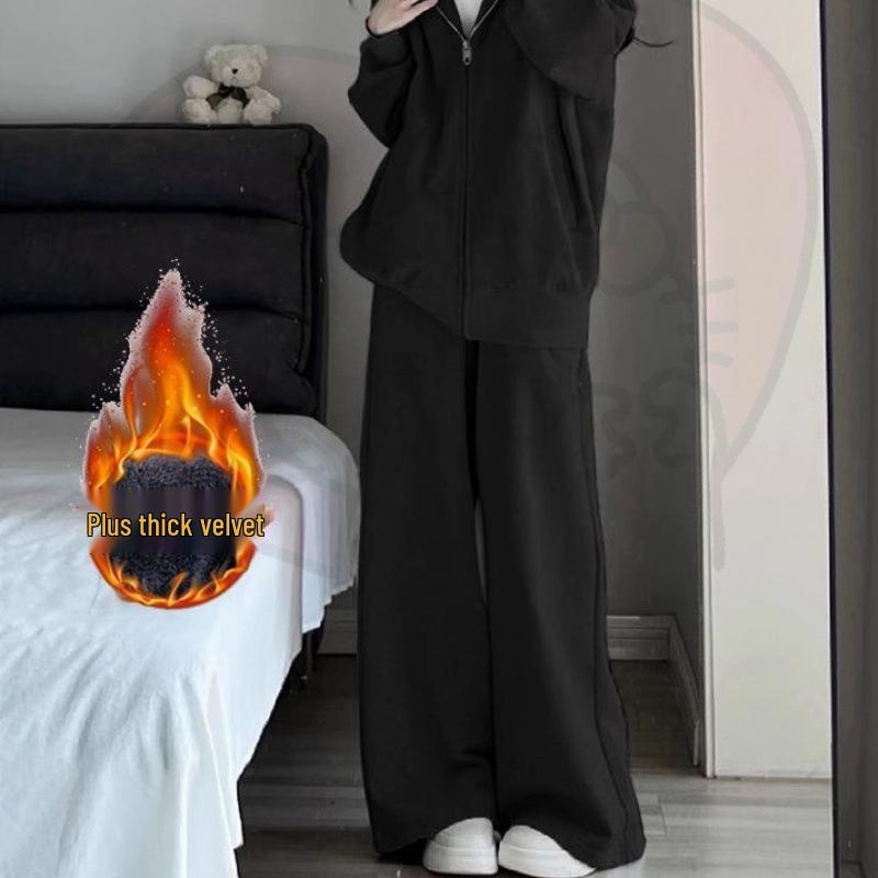 Dámská šedá mikina s kapucí a široké kalhoty - Ležérní podzimní/zimní dvoudílný set s kardiganovou bundou - Trend