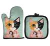 Blue Cat Pattern Microwave Glove Cute Baking Gloves and Mat Polyester Oven Mitt Insulation Potholder Kitchen Tools Accessories