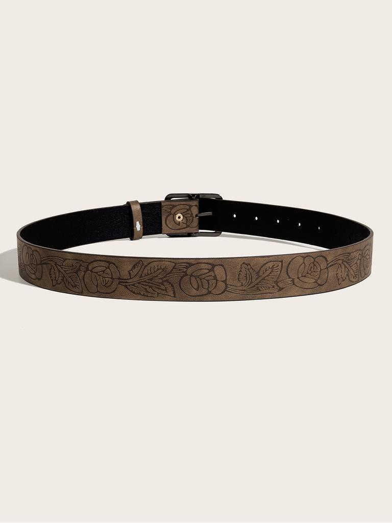Trendy Retro Floral Embossed Faux Leather Belt With Antique Brass Clasp