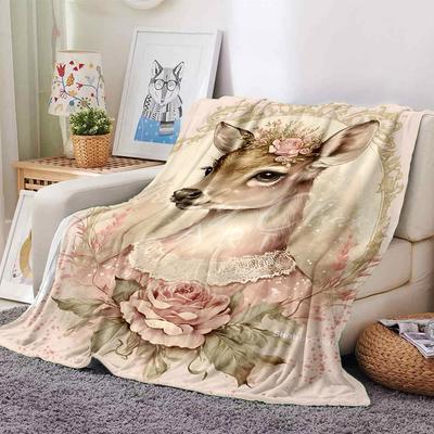 1 Stück Hirsch, Blumen Decke Leichte Flanell Überwurfdecke für Sofa Bett Reise Camping Wohnzimmer Büro Couch Stuhl