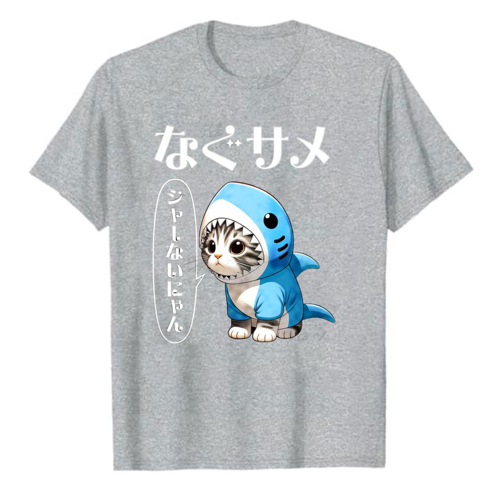 Katzenhai T-Shirt Japanisch Kawaii Neko Süße Katze im Haikostüm Grafik-T-Shirt Lustiges Katzenliebhaber Shirt Kurzarm Rundhals