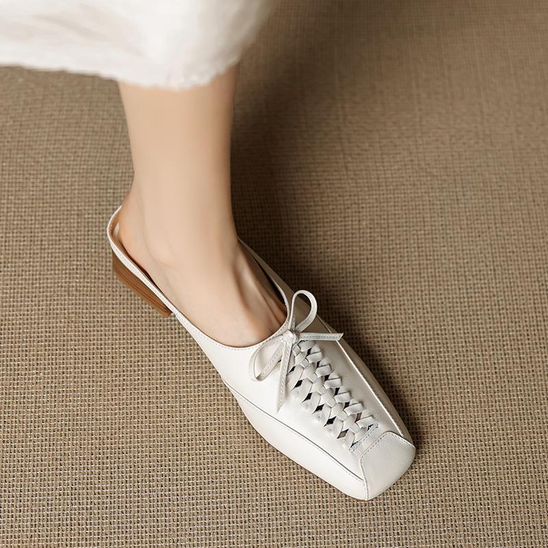 Fashion 2024 NEW Summer Women Mules Genuine Leather Shoes for Women Cover Toe Chunky Heel Slippers Square Toe Slingback Designer Sandals