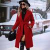Women's Lapel Long Sleeve Wool Coat Loose Fit Solid Belted Double Breasted Commuter Long Overcoat
