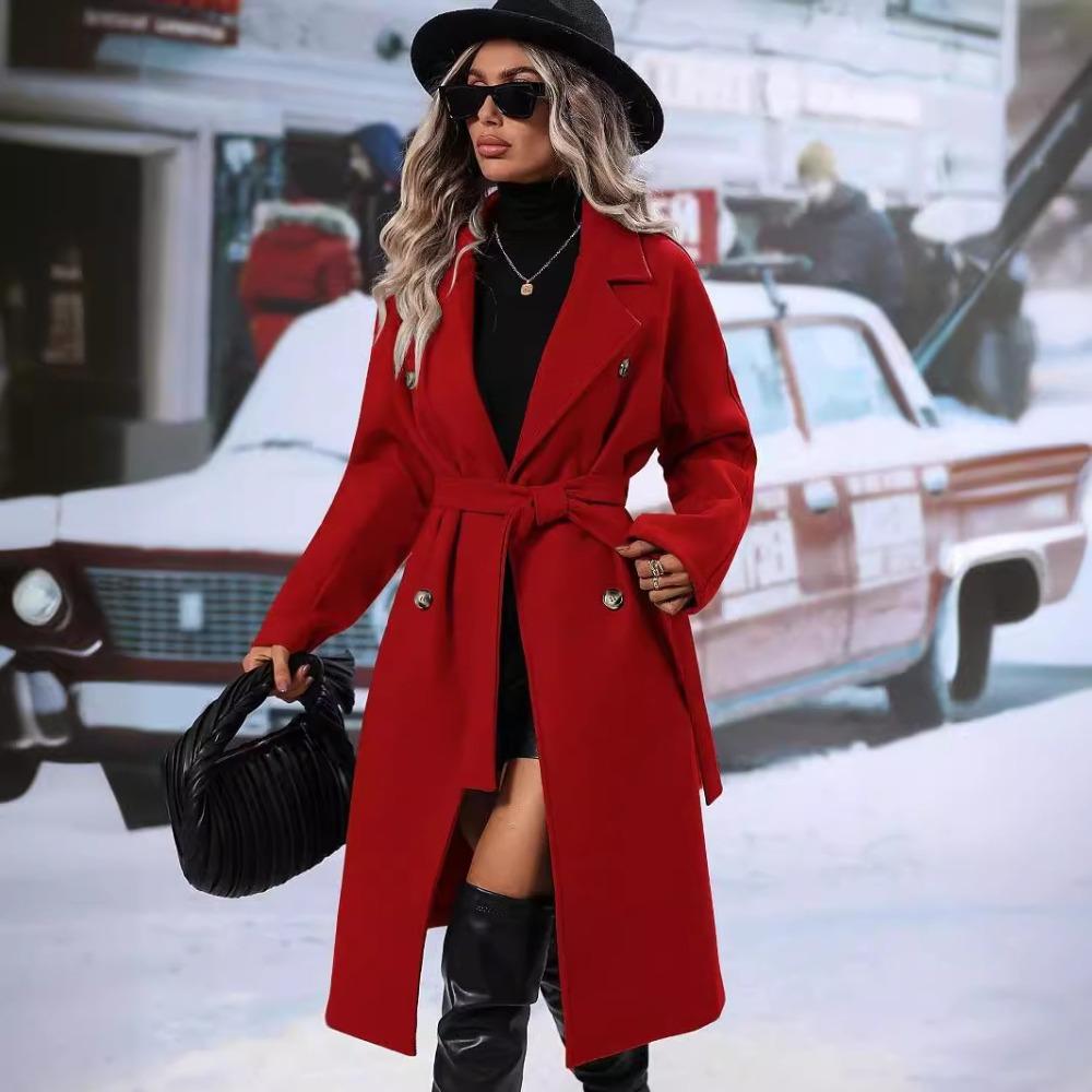 Women's Lapel Long Sleeve Wool Coat Loose Fit Solid Belted Double Breasted Commuter Long Overcoat