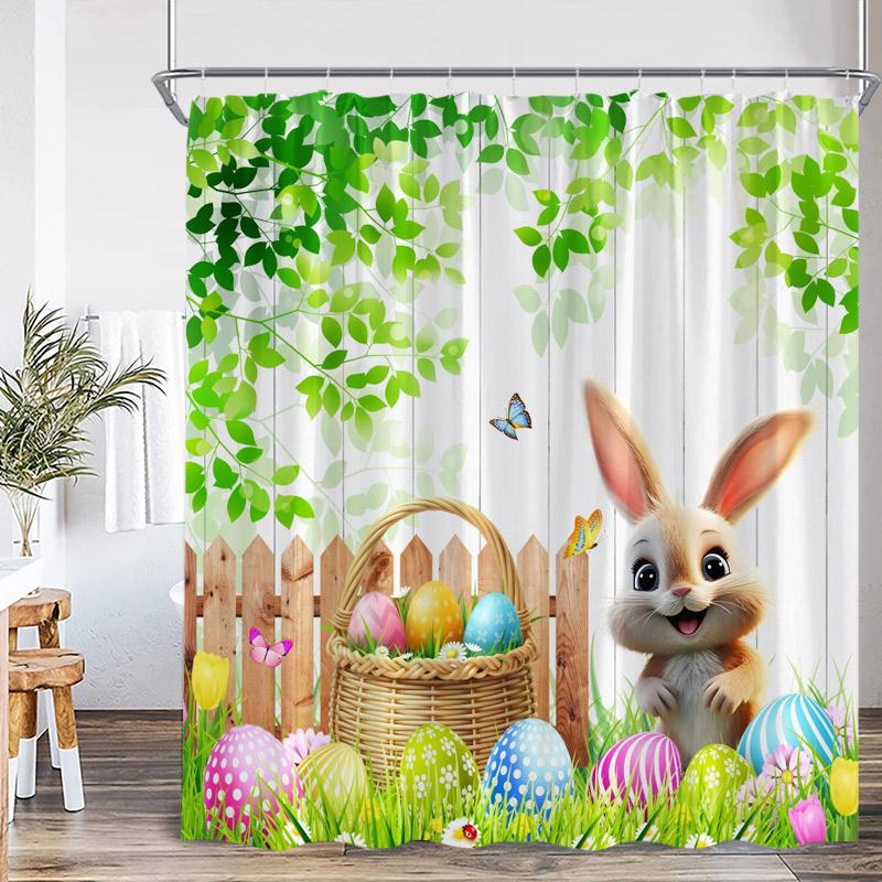 Shower Curtain, Easter Bunny Egg Waterproof Polyester Bathroom Curtain With Hooks, Spring Rabbit Dog Holiday Decor Bath Curtain