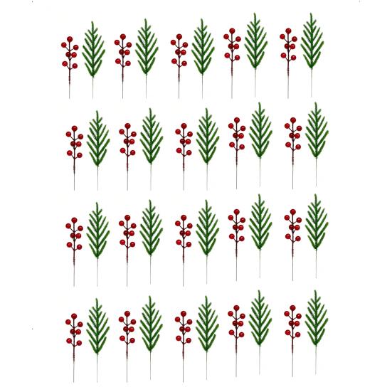 Tabletop Plant Ornaments for Home 20Pcs Christmas Norfolk Pine Picks, Flocked Snow Branches with Lifelike Floral Decor Gift Red Berries, Artificial