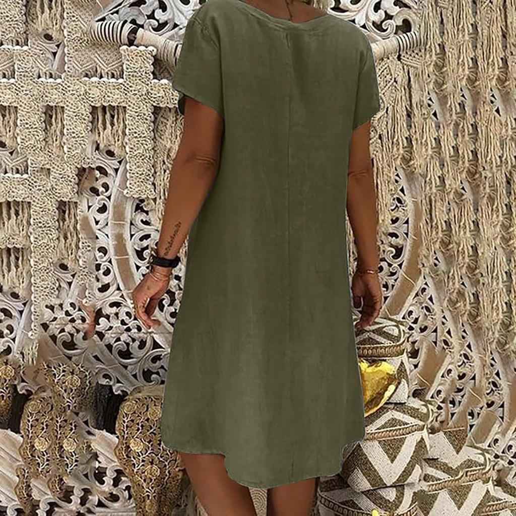 Women's Fashionable Retro V-Neck Short-Sleeve Casual Cotton-Linen Dress