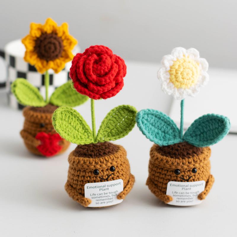 Positive Energy Heart Flower Rose Hand-woven Potted Home Room Decoration Finished Crochet Tulip Plants Ornament for Wedding Gift