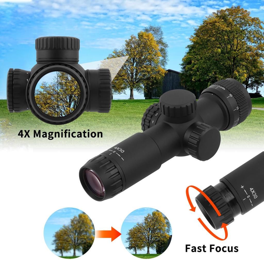 FOCUHUNTER 4x30 AO Compact Scope with Parallax Adjustable Focus, 5-Level Red and Green Reticle, 12MOA, 1200G Recoil, IP67 Waterproof, 16.5cm Long,