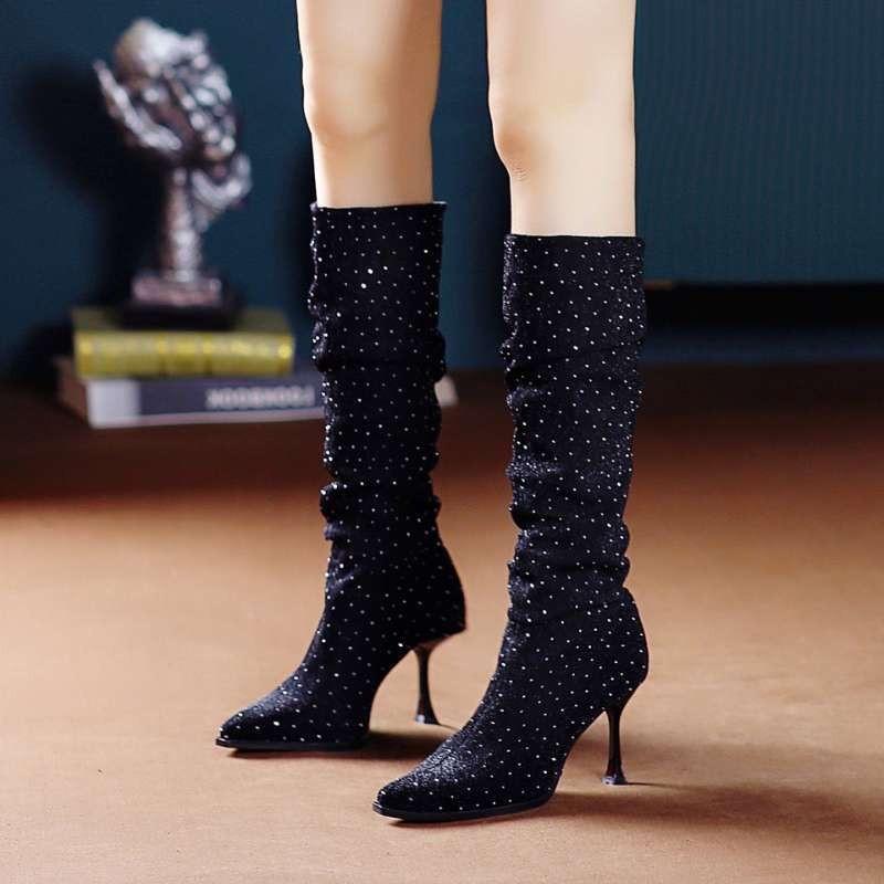 Women's New Autumn Thin Heel Single Boots Pointed Sleeve Sequin Cloth Anti-slip Wear-resistant Boots