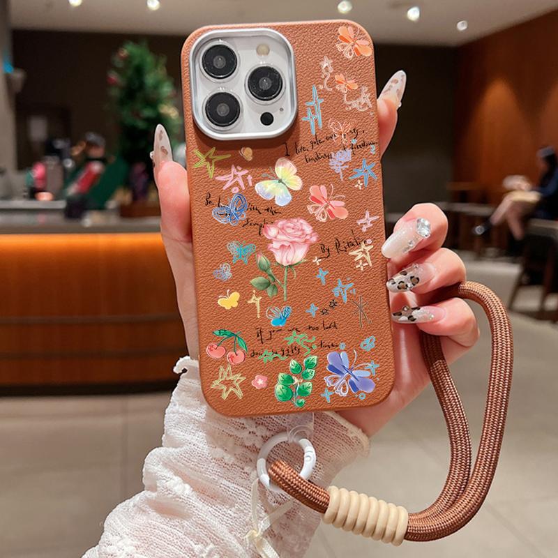 Husă mată rezistentă la șocuri, color trandafir, imprimeu floral, pentru iPhone 16 Pro Max 15 14 Pro 13 12 11, cu șnur moale, protecție pentru lentile, husă subțire din piele cu textura pentru telefon