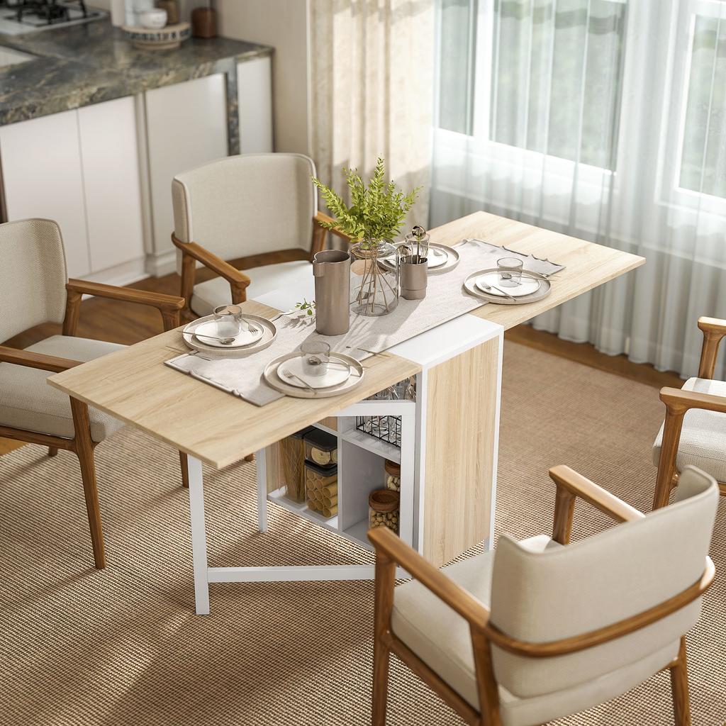 Dining Table, Folding, Drop Leaves, 4 Compartments, Seats 4, 169 x 60 x 75 cm, Oak and White