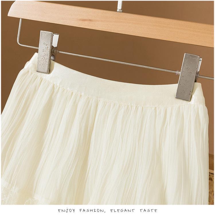 2025 Summer Women's Gentle Style Lace Trim Elastic Waist A-Line Midi Skirt