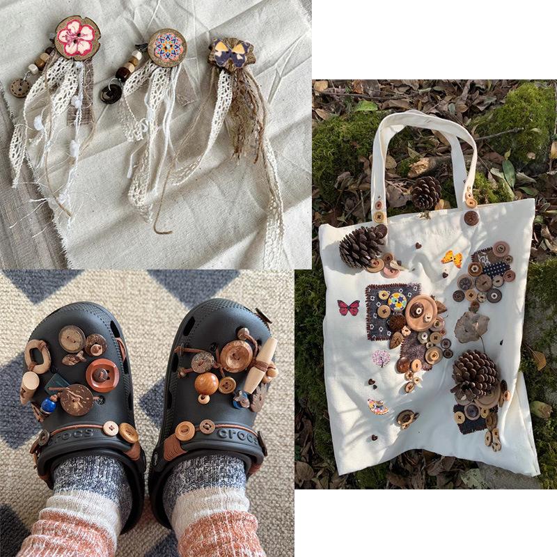 10pcs Rustic Handmade Wooden Buttons, Decorative Hand-Painted DIY Floral, Butterfly & Tree Designs for Crafts